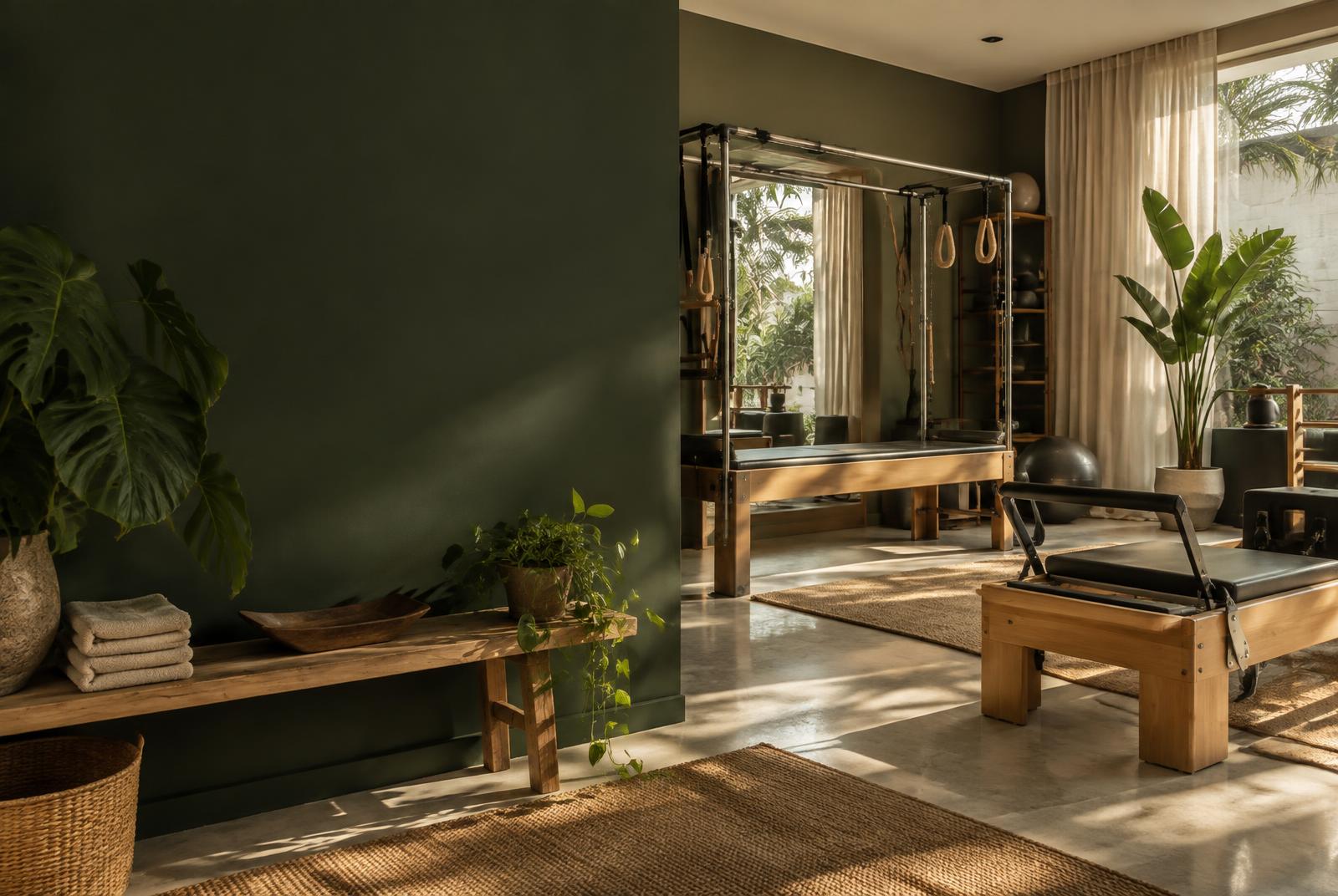 Ambiente de Pilates com equipamentos de madeira e luz natural